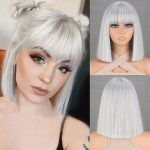 MERISIHAIR Short Silver Gray Bob Wigs with Bangs, Short Straight Bob Silver Grey Wigs for Women,Natural Looking Cosplay Daily Party Wig
