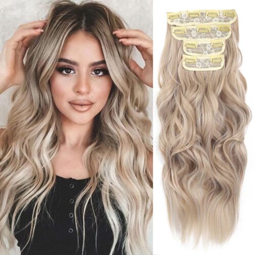 20-Inch Long Wavy Hair Extensions - Clip-Ins for Instant Volume and Length in Ash Blonde Mix Bleach Blonde