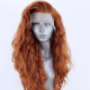 Vibrant 13X4 ginger synthetic lace front wig featuring long wavy locks, designed from heat-resistant fibers for versatile styling.