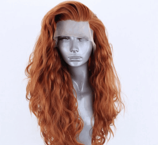 Vibrant 13X4 ginger synthetic lace front wig featuring long wavy locks, designed from heat-resistant fibers for versatile styling.