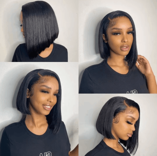 Elegant Bone Straight Bob Wig with transparent lace and pre-plucked hairline, perfect for versatile styling. 
