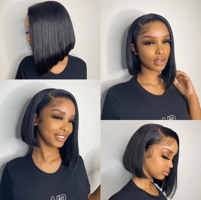 Elegant Bone Straight Bob Wig with transparent lace and pre-plucked hairline, perfect for versatile styling. 